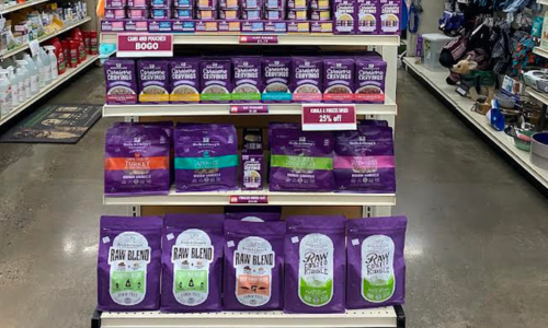 Selection of cat food on an end cap inside of the store