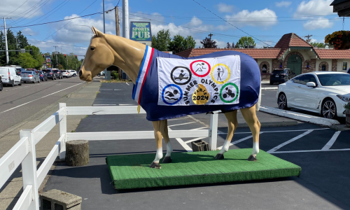 A statue of a horse outside of Bothell Feed wearing a 2024 summer olympics blanket